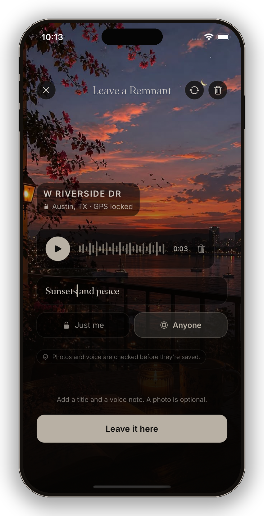 Remnant app screen showing a voice note being recorded and pinned to a location in Austin, Texas